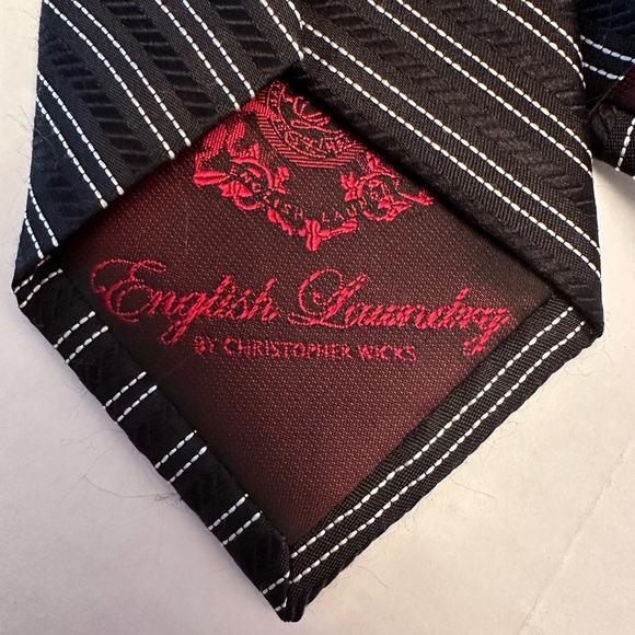 English Laundry Tie Black & White Horizontal Stripe Men’s 100% Silk Necktie - Picture 5 of 8